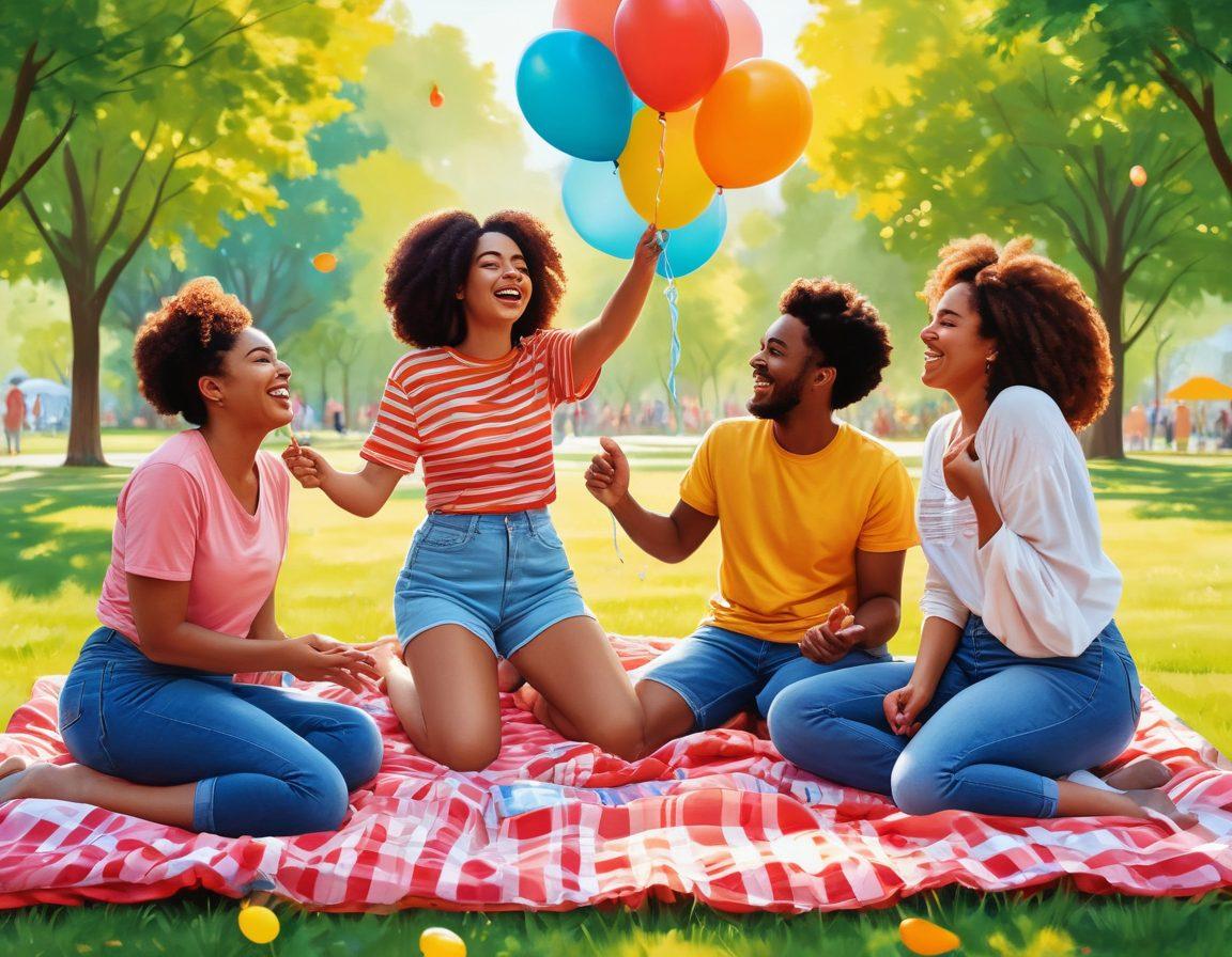 A vibrant scene featuring a diverse group of individuals joyfully embracing their bodies, engaged in various fun lifestyle activities outdoors. Bright colors, laughter, and playful expressions capture the essence of body positivity. Incorporate cheerful elements like colorful balloons and picnic blankets. The background should be a sunny park setting, symbolizing freedom and acceptance. vector art. vibrant colors.