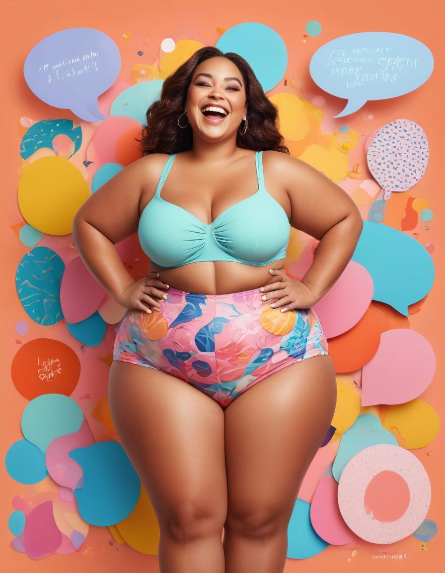 A confident curvy woman laughing joyfully, surrounded by colorful illustrations of diverse body shapes and sizes. Incorporate humorous elements like quirky speech bubbles and playful props. The background should have a vibrant, eye-catching design with abstract patterns symbolizing body positivity. Bright pastel colors for a light-hearted feel. super-realistic. vibrant colors. 3D.